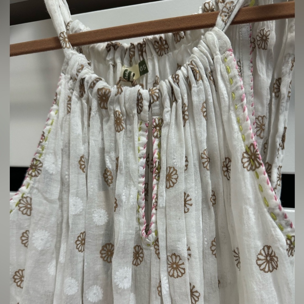 DOLMA Block Printed Pom Pom Dress 100% Cotton Floral Metallic Flowy Sundress O/S